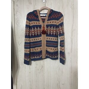 Anthropologie Sparrow Blue Beige Aztec Nordic Knit Full‎ Zip Hoodie Jacket Sz S